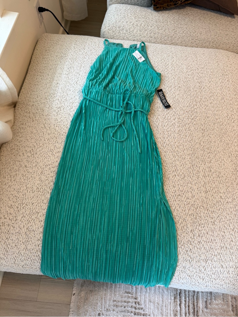 New York & Company Teal Pleated Halter Maxi Dress with Tie Belt